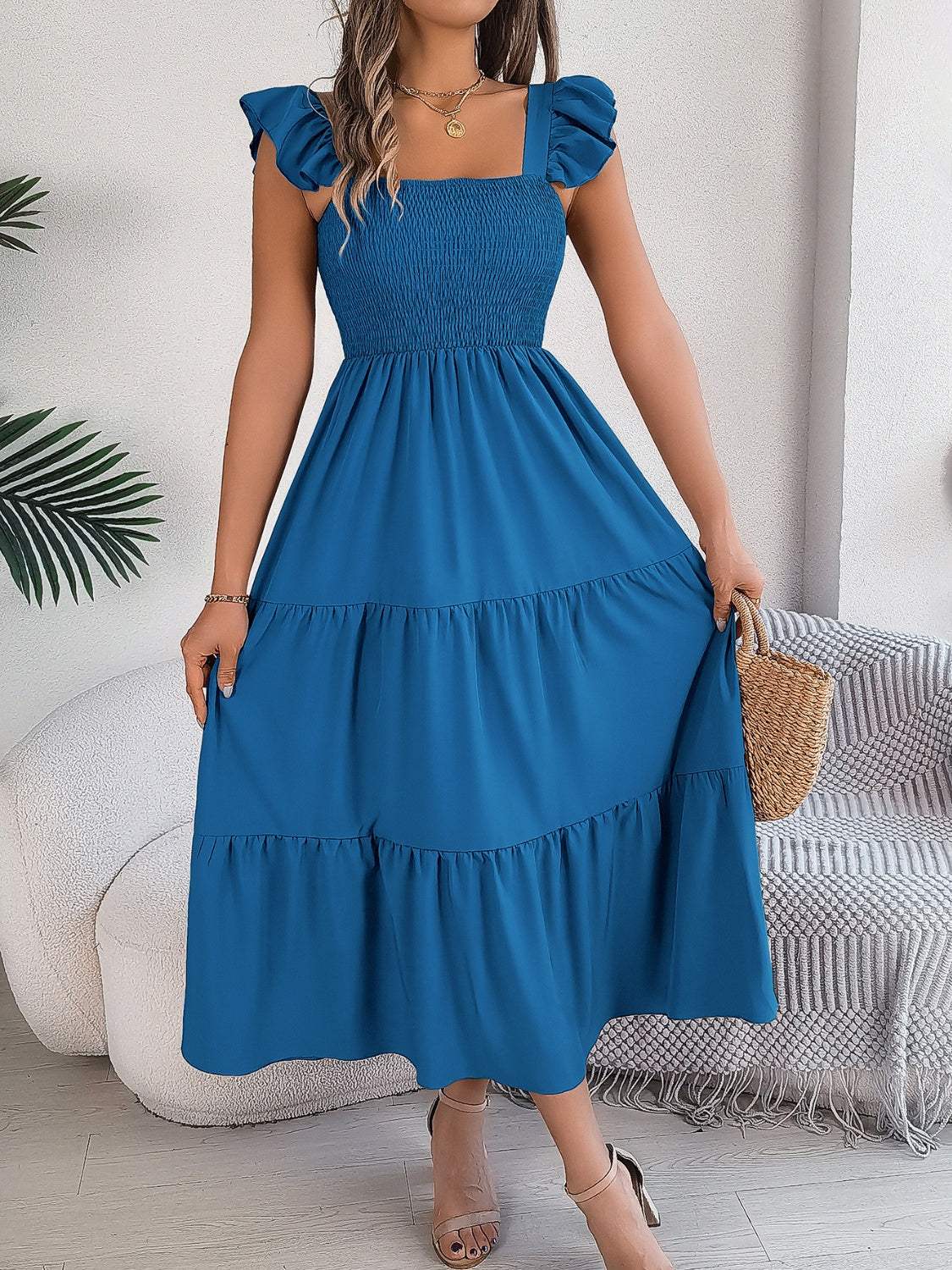 Smocked Square Neck Cap Sleeve Midi Dress - Trendsi - Flyclothing LLC