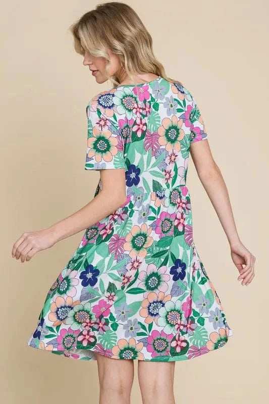 BOMBOM Ruched Floral V-Neck Short Sleeve Dress - Trendsi - Flyclothing LLC