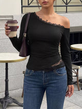 One-Shoulder Lace Trim Slim Fit T-Shirt - Trendsi - Flyclothing LLC