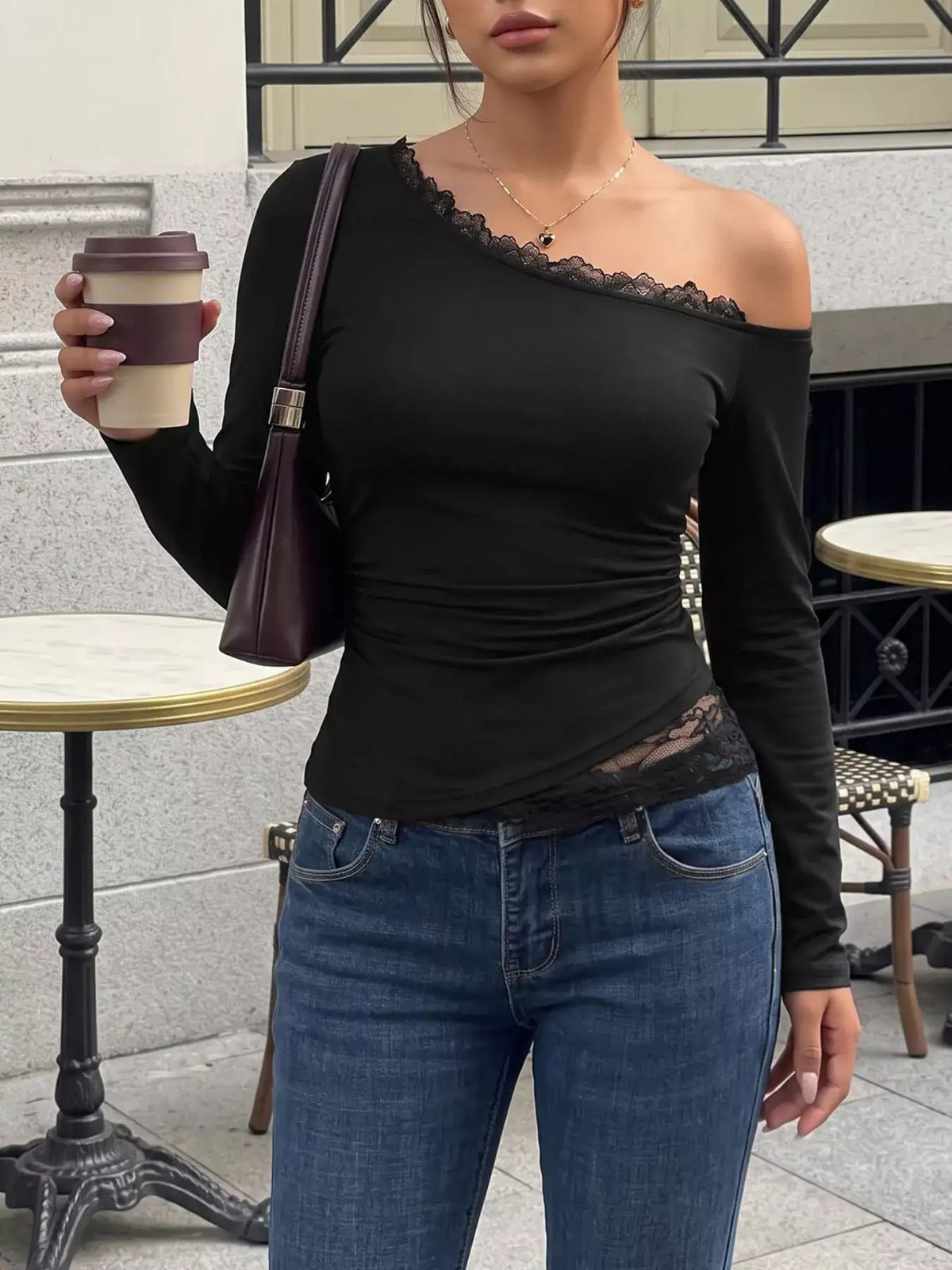 One-Shoulder Lace Trim Slim Fit T-Shirt - Trendsi - Flyclothing LLC