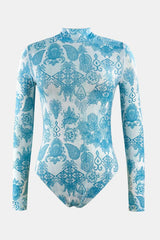Printed Mock Neck Long Sleeve One-Piece Swimwear - Trendsi - Flyclothing LLC