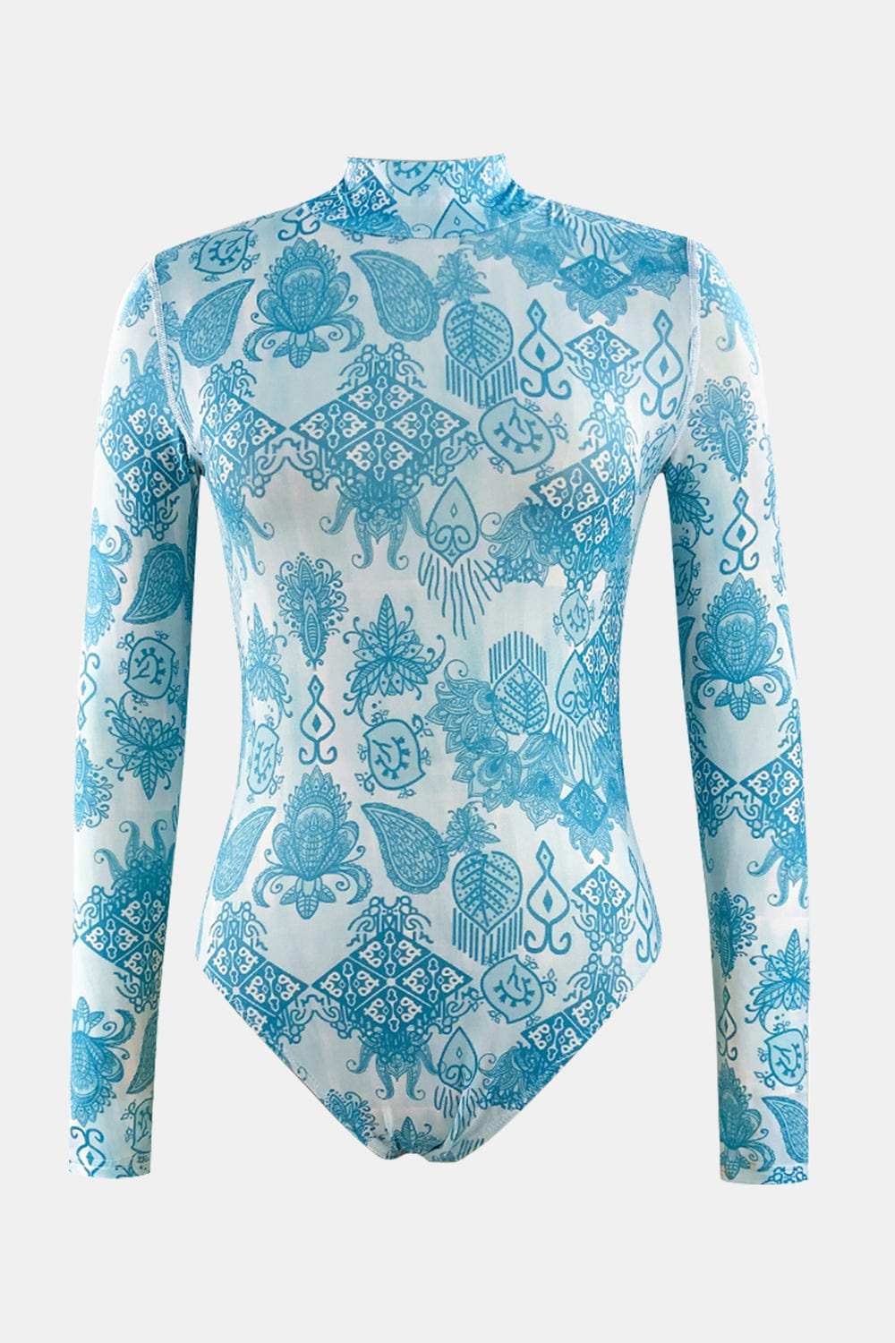 Printed Mock Neck Long Sleeve One-Piece Swimwear - Trendsi - Flyclothing LLC