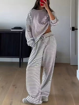 Striped Round Neck Top and Pants Set - Trendsi - Flyclothing LLC