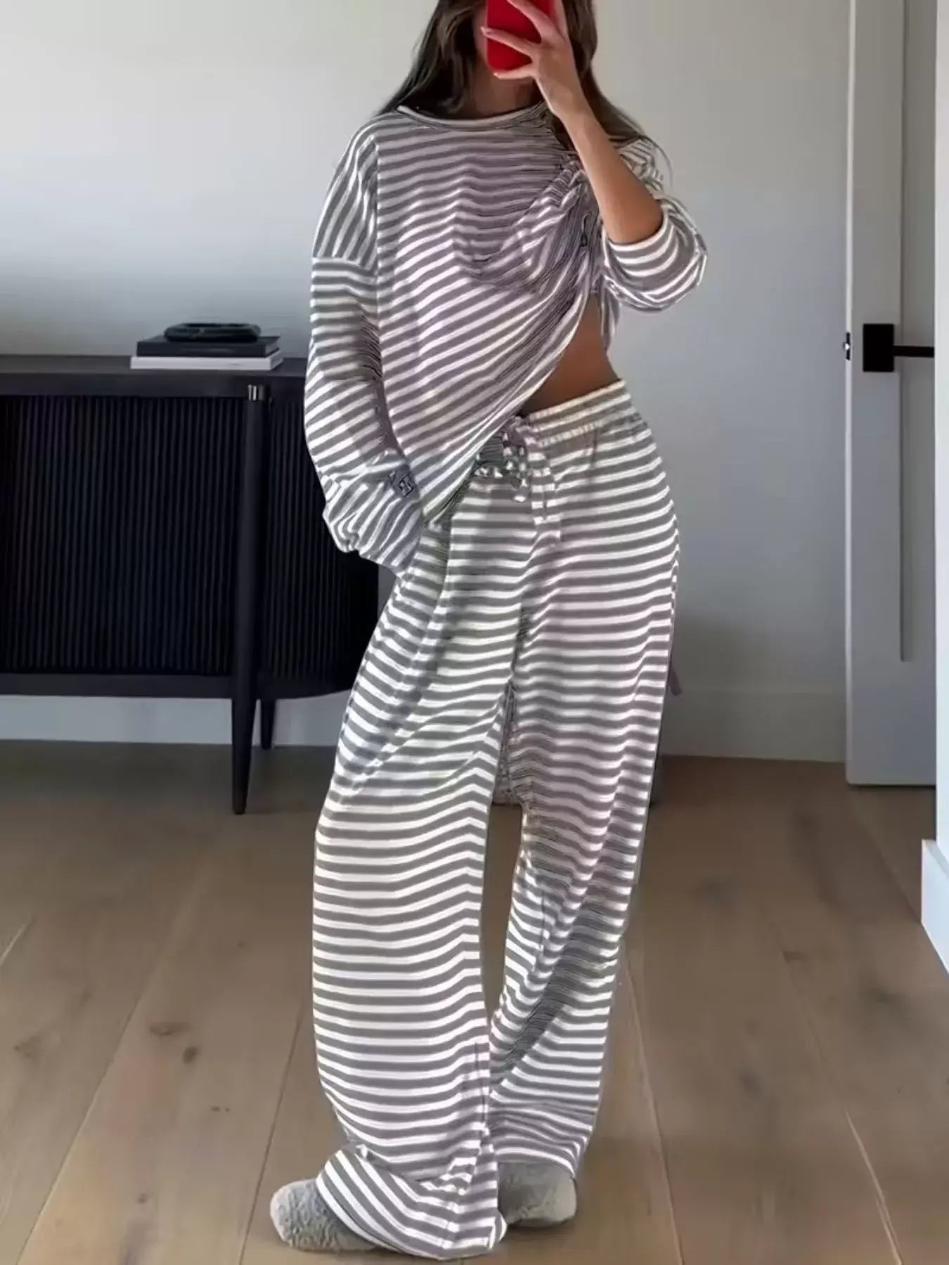 Striped Round Neck Top and Pants Set - Trendsi - Flyclothing LLC