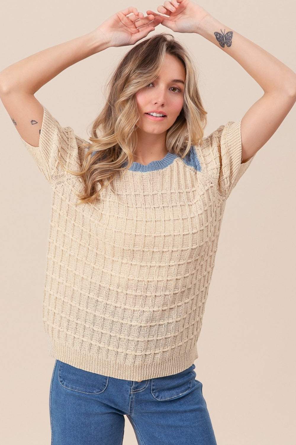 BiBi Textured Contrast Short Sleeve Sweater - Trendsi - Flyclothing LLC
