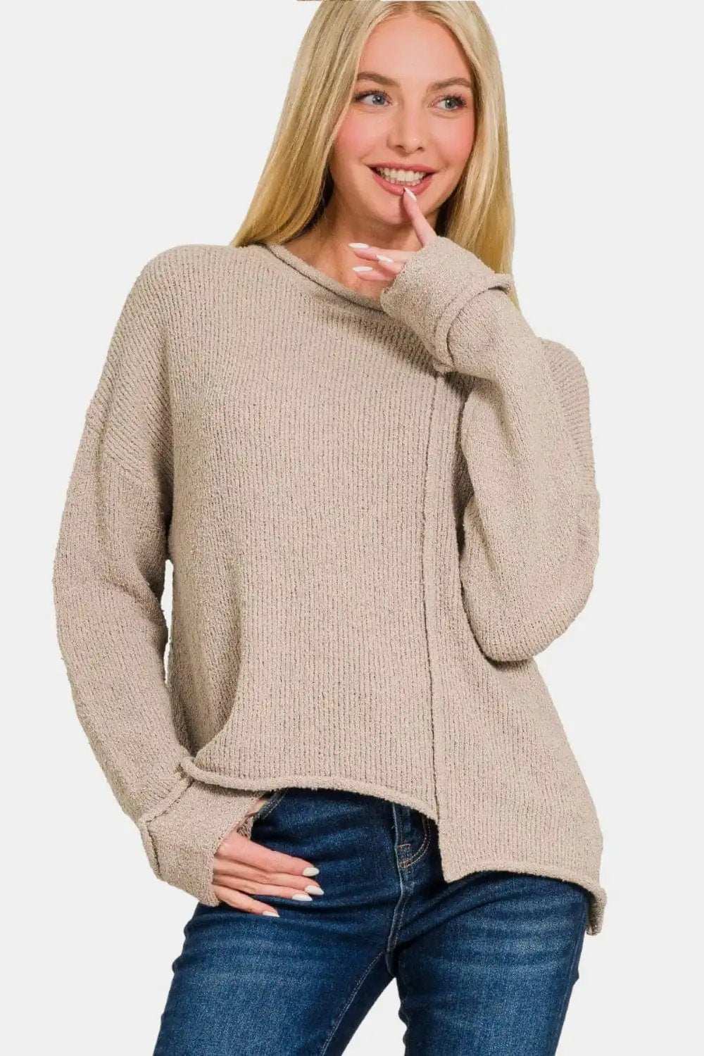 Zenana Asymmetric Hem Drop Shoulder Sweater - Trendsi - Flyclothing LLC