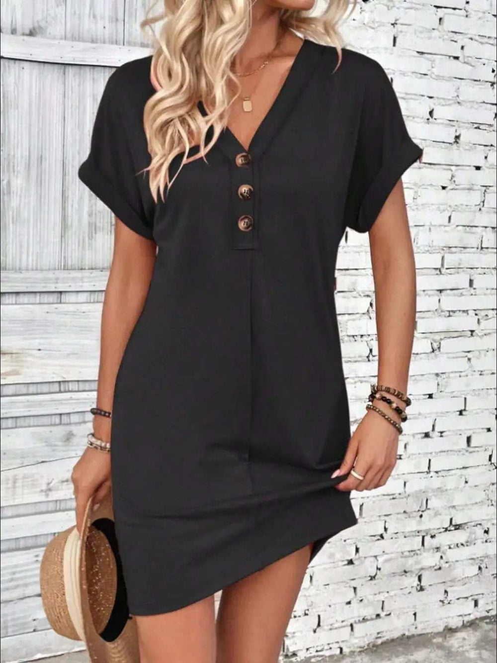 Quarter Button V-Neck Short Sleeve Dress - Trendsi - Flyclothing LLC
