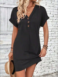 Quarter Button V-Neck Short Sleeve Dress - Trendsi - Flyclothing LLC