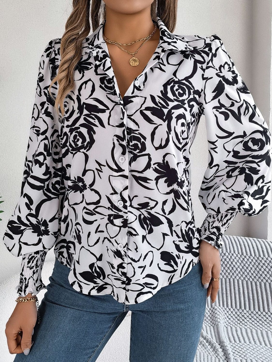 Printed Collared Neck Lantern Sleeve Shirt - Trendsi