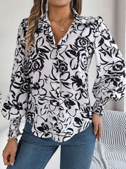 Printed Collared Neck Lantern Sleeve Shirt - Trendsi