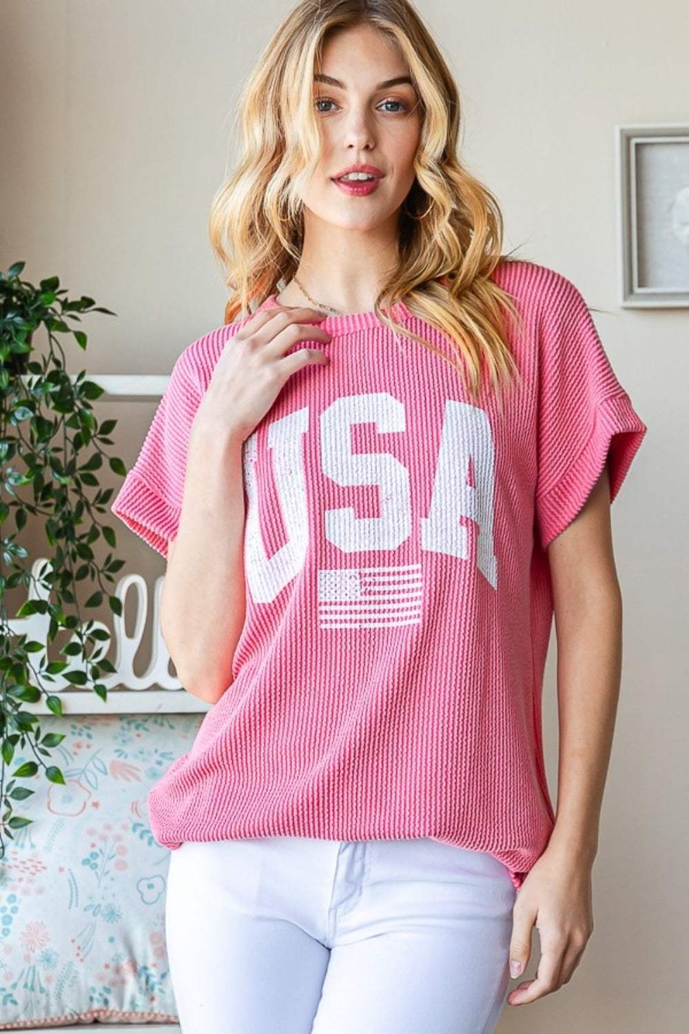 Heimish Full Size USA Graphic Short Sleeve Ribbed Top - Trendsi - Flyclothing LLC