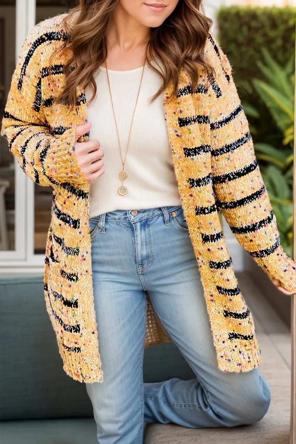 Striped Open Front Long Sleeve Cardigan - Trendsi - Flyclothing LLC