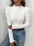 Eyelet Mock Neck Long Sleeve Top - Trendsi - Flyclothing LLC