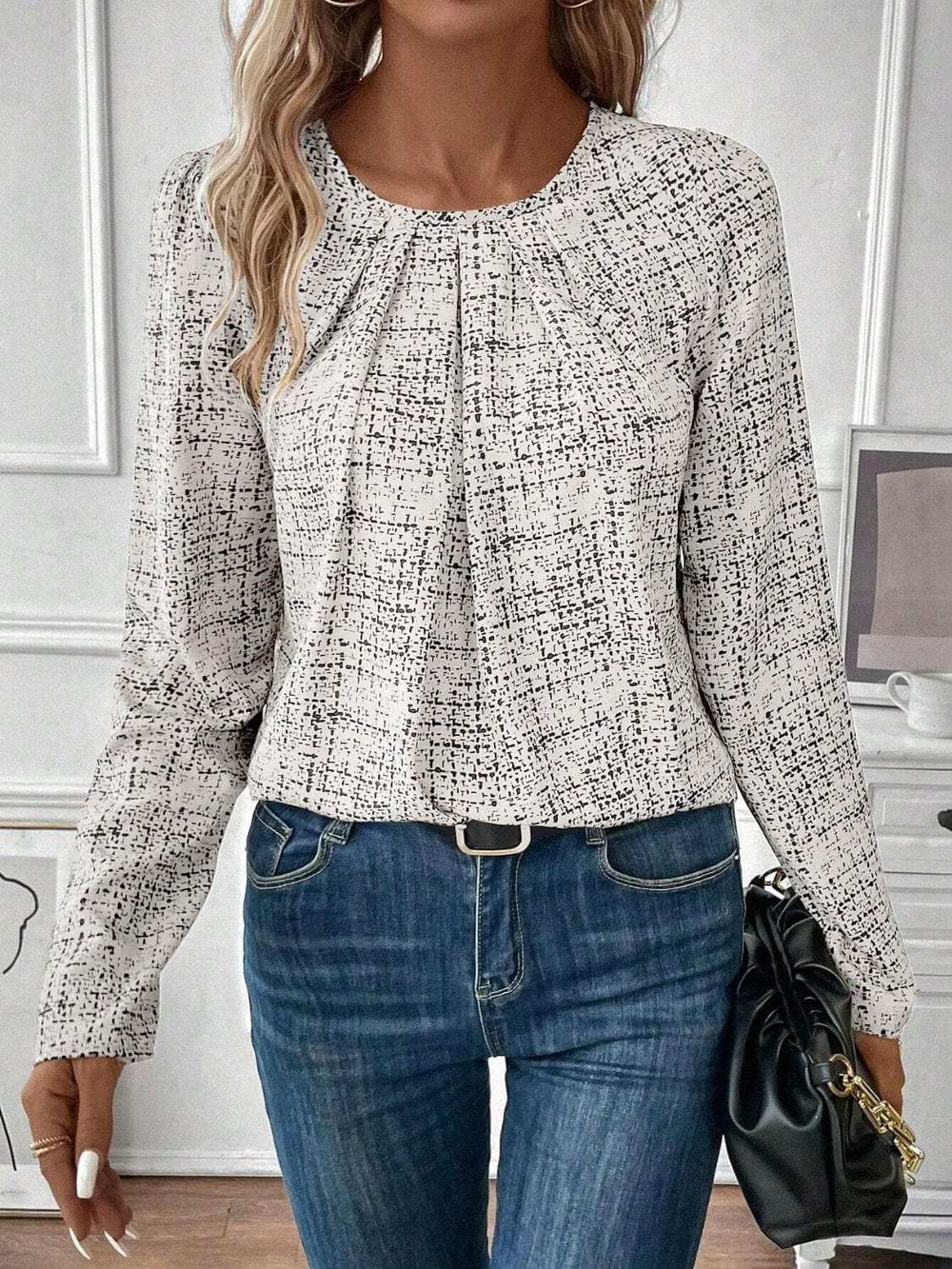 Ruched Round Neck Long Sleeve Blouse - Trendsi - Flyclothing LLC