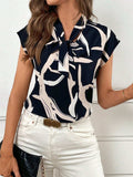 Printed Tie Neck Cap Sleeve Blouse - Trendsi - Flyclothing LLC