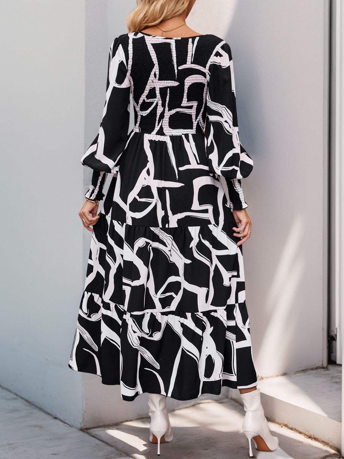 Perfee Smocked Printed Long Sleeve Midi Dress - Trendsi - Flyclothing LLC