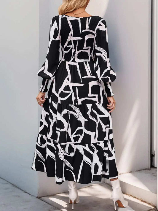 Perfee Smocked Printed Long Sleeve Midi Dress - Trendsi - Flyclothing LLC