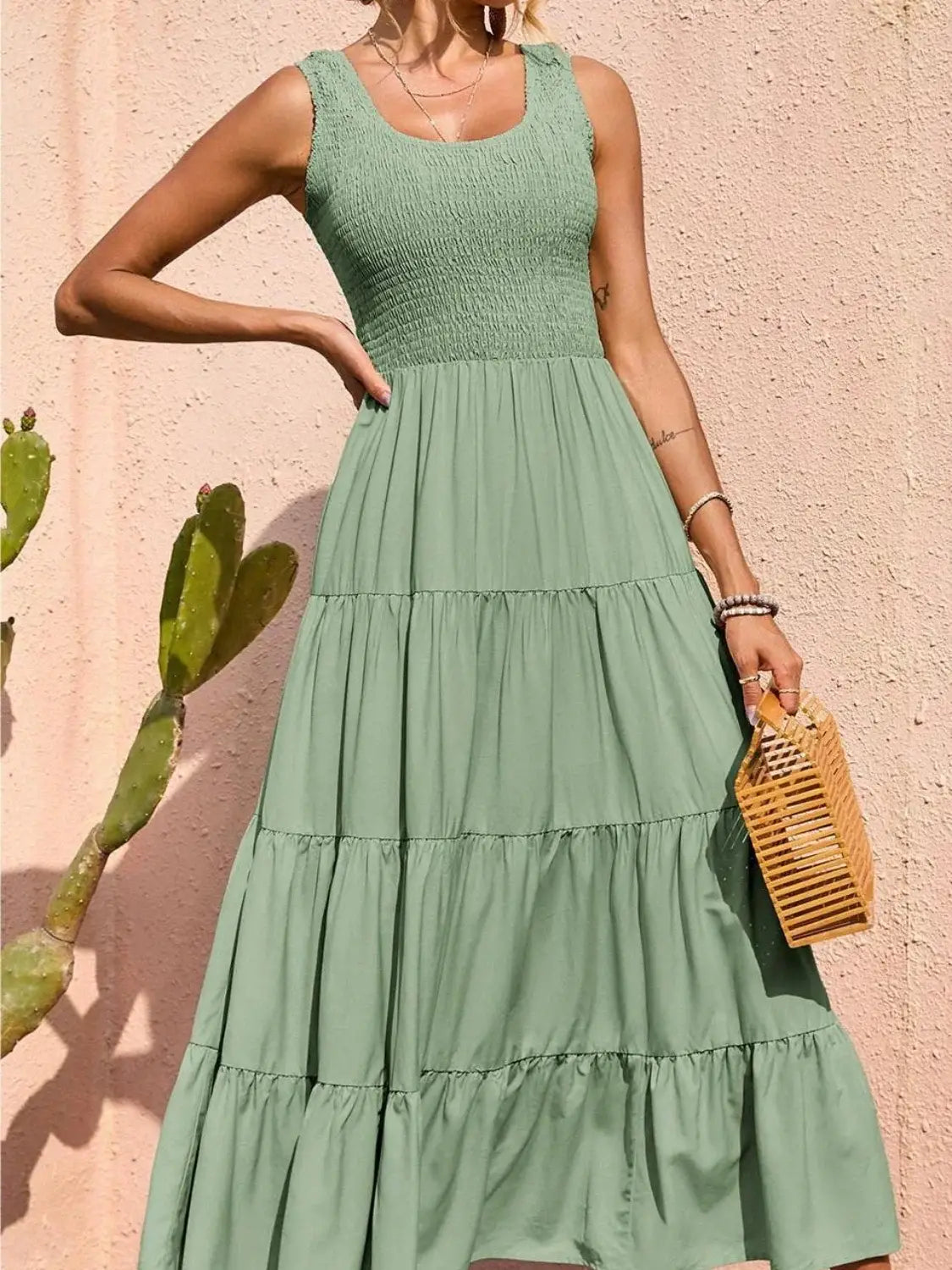 Tiered Smocked Wide Strap Dress - Trendsi - Flyclothing LLC