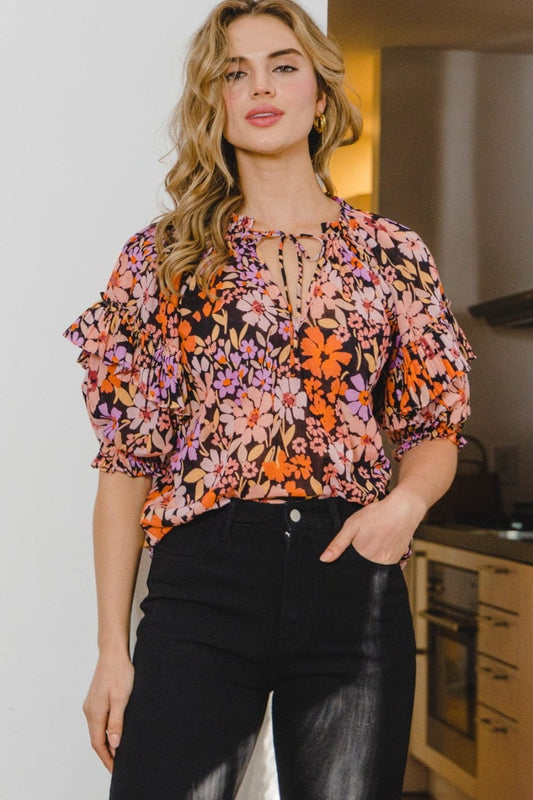 ODDI Full Size Floral Tie Neck Ruffled Blouse - Trendsi