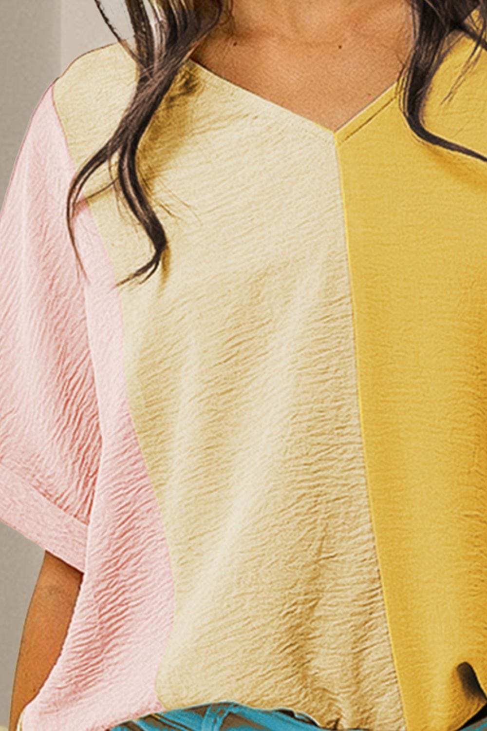 Color Block V-Neck Half Sleeve T-Shirt - Trendsi - Flyclothing LLC