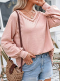 Exposed Seam Ribbed Knit V Neck Top - Trendsi - Flyclothing LLC