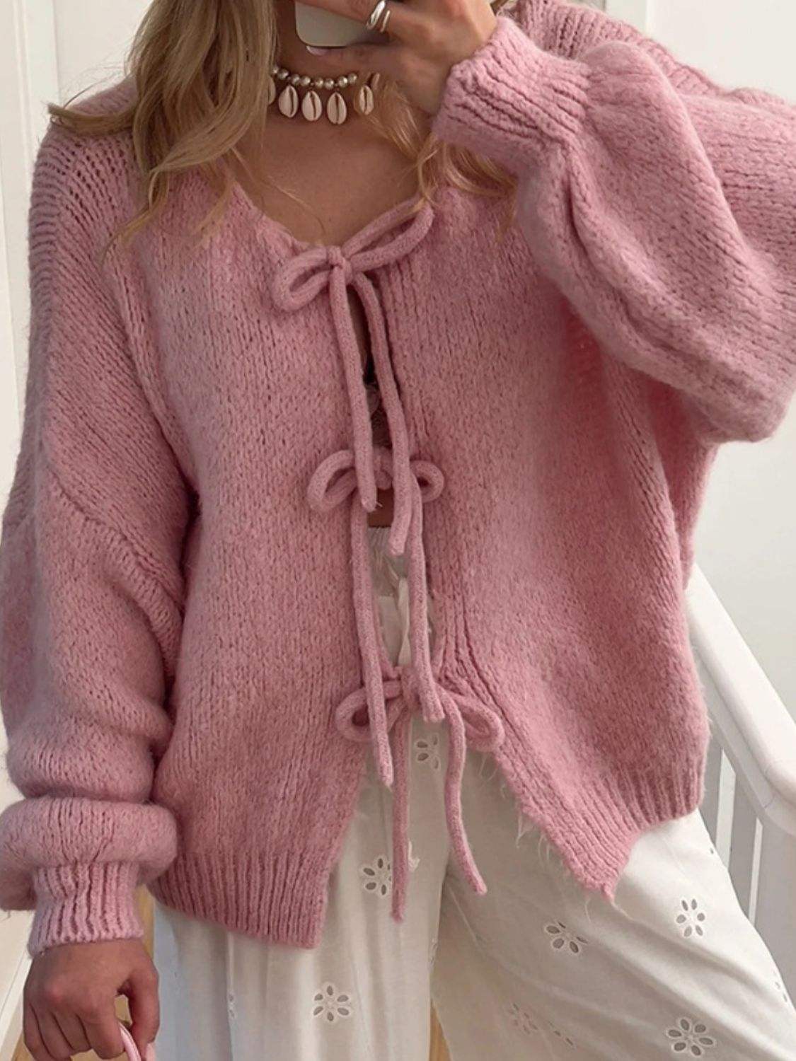 Tied Long Sleeve Dropped Shoulder Cardigan - Trendsi - Flyclothing LLC