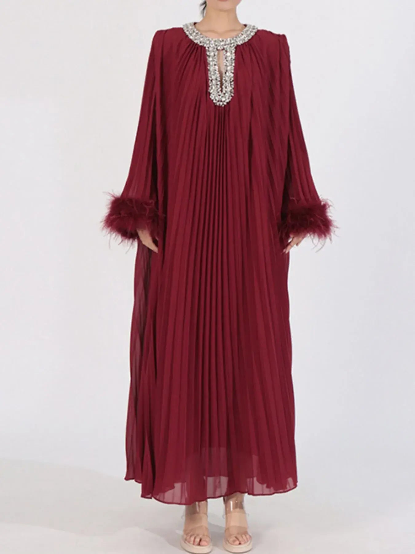 Rhinestone Long Sleeve Maxi Dress - Trendsi - Flyclothing LLC