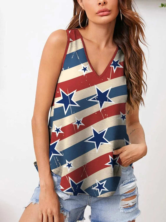 Striped and Star V-Neck Tank - Trendsi - Flyclothing LLC