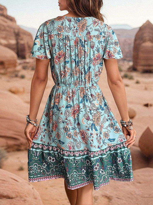 Printed V-Neck Flutter Sleeve Dress - Trendsi - Flyclothing LLC