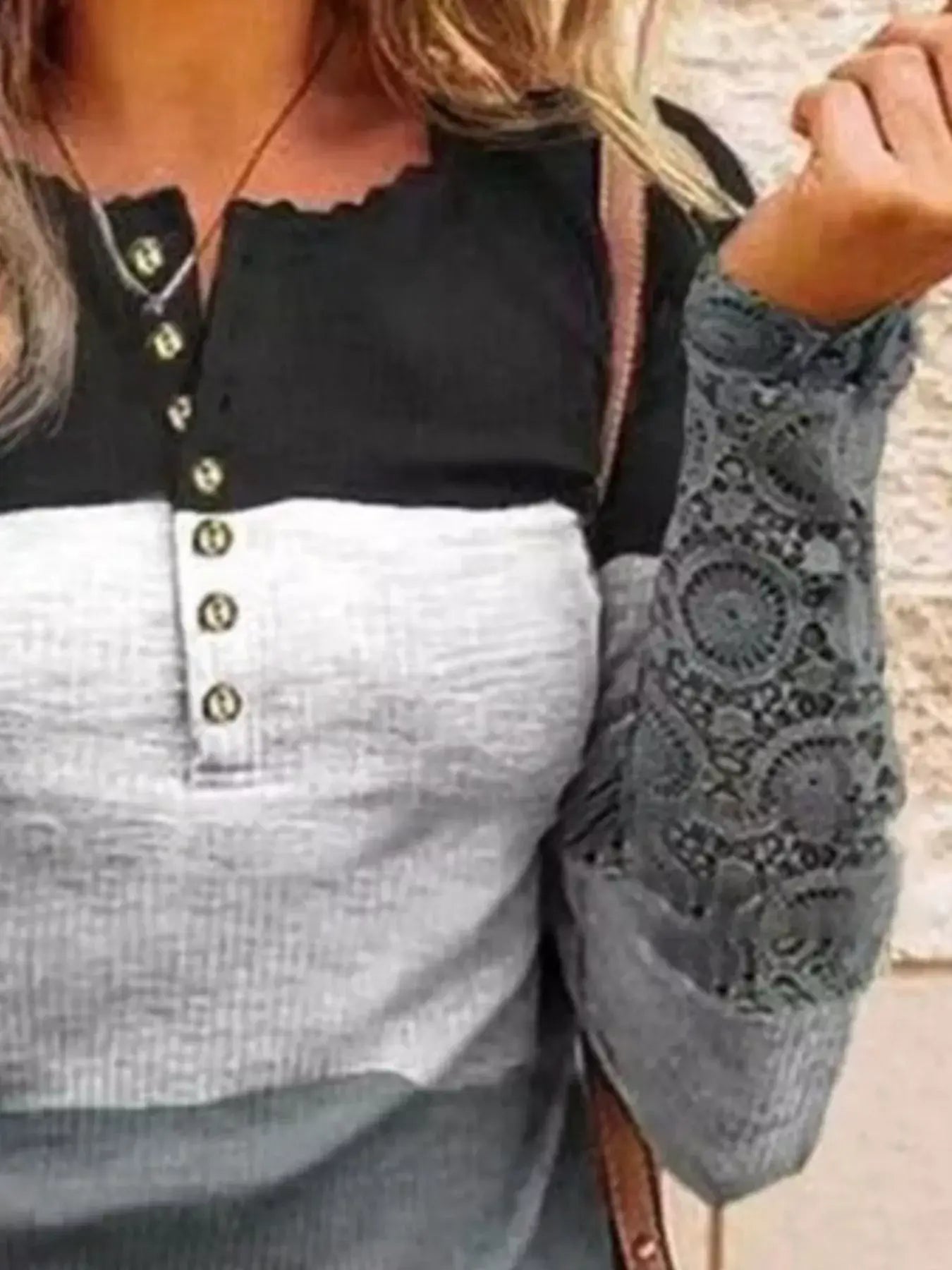 Color Block Lace Detail Half Button T-Shirt - Trendsi - Flyclothing LLC