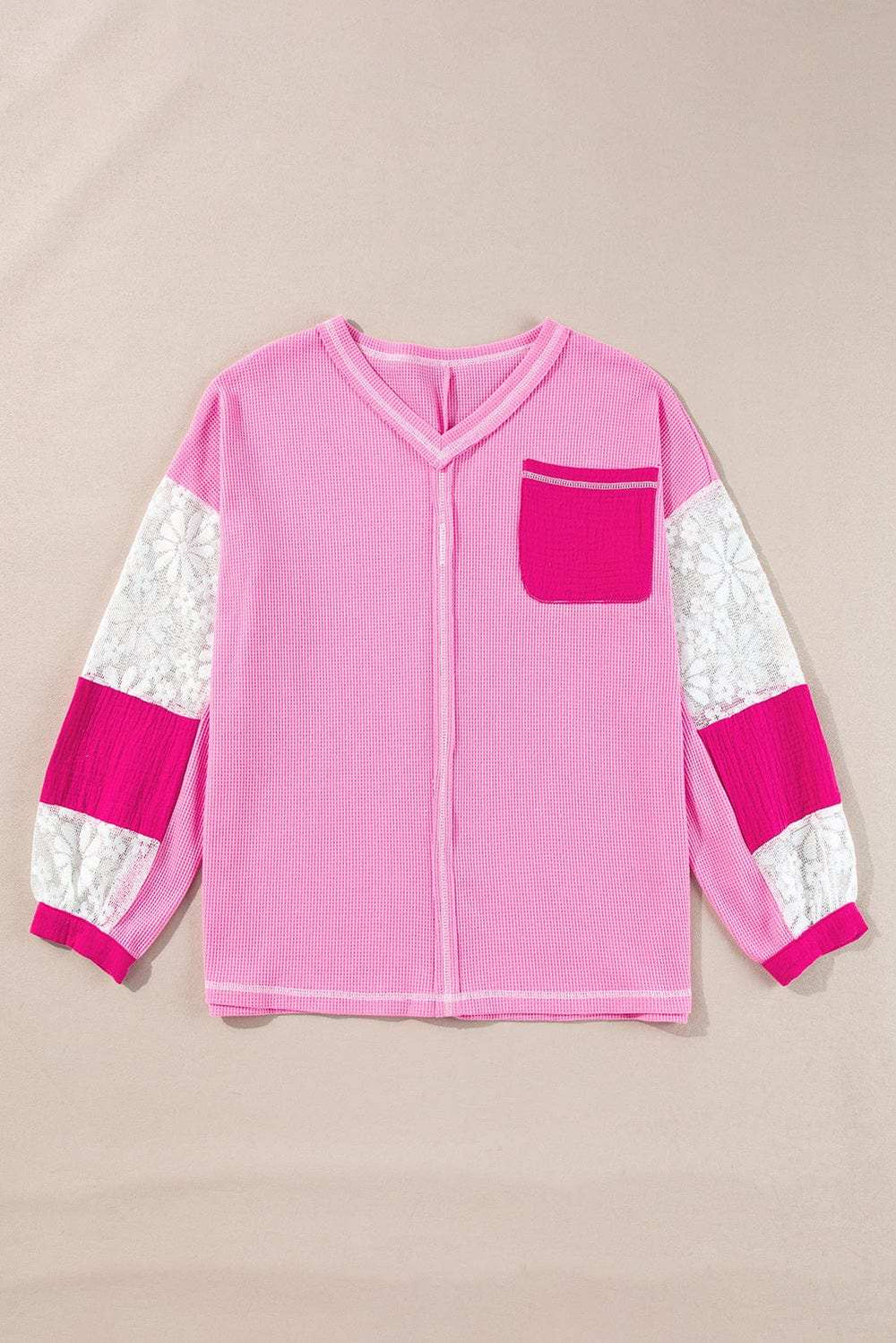 Lace Patchwork Sleeve Stitching V Neck Top - Trendsi - Flyclothing LLC