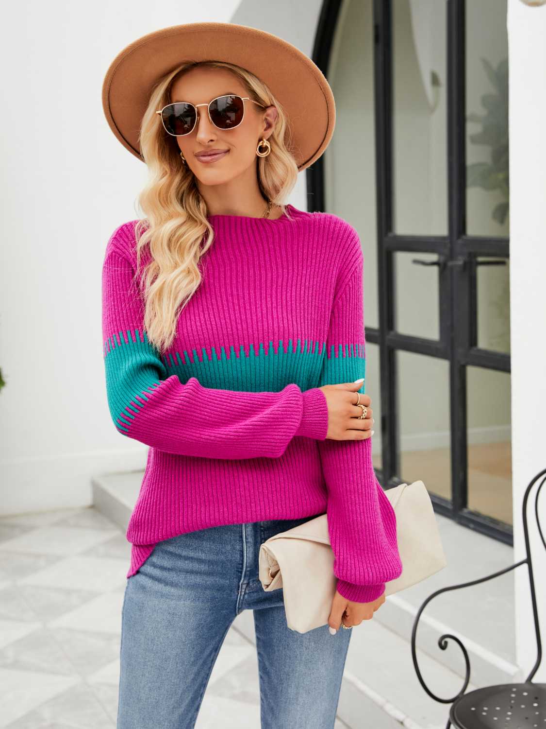 Contrast Round Neck Sweater - Trendsi - Flyclothing LLC