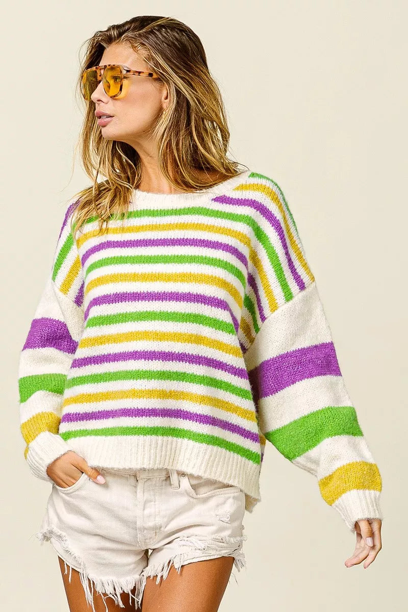 BiBi Mardi Gras Colors Stripe Comfy Sweater - Trendsi - Flyclothing LLC