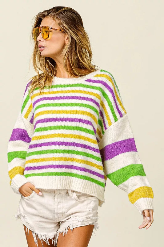 BiBi Mardi Gras Colors Stripe Comfy Sweater - Trendsi - Flyclothing LLC