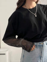 Faux Layered Round Neck Mesh Sleeve Top - Trendsi - Flyclothing LLC