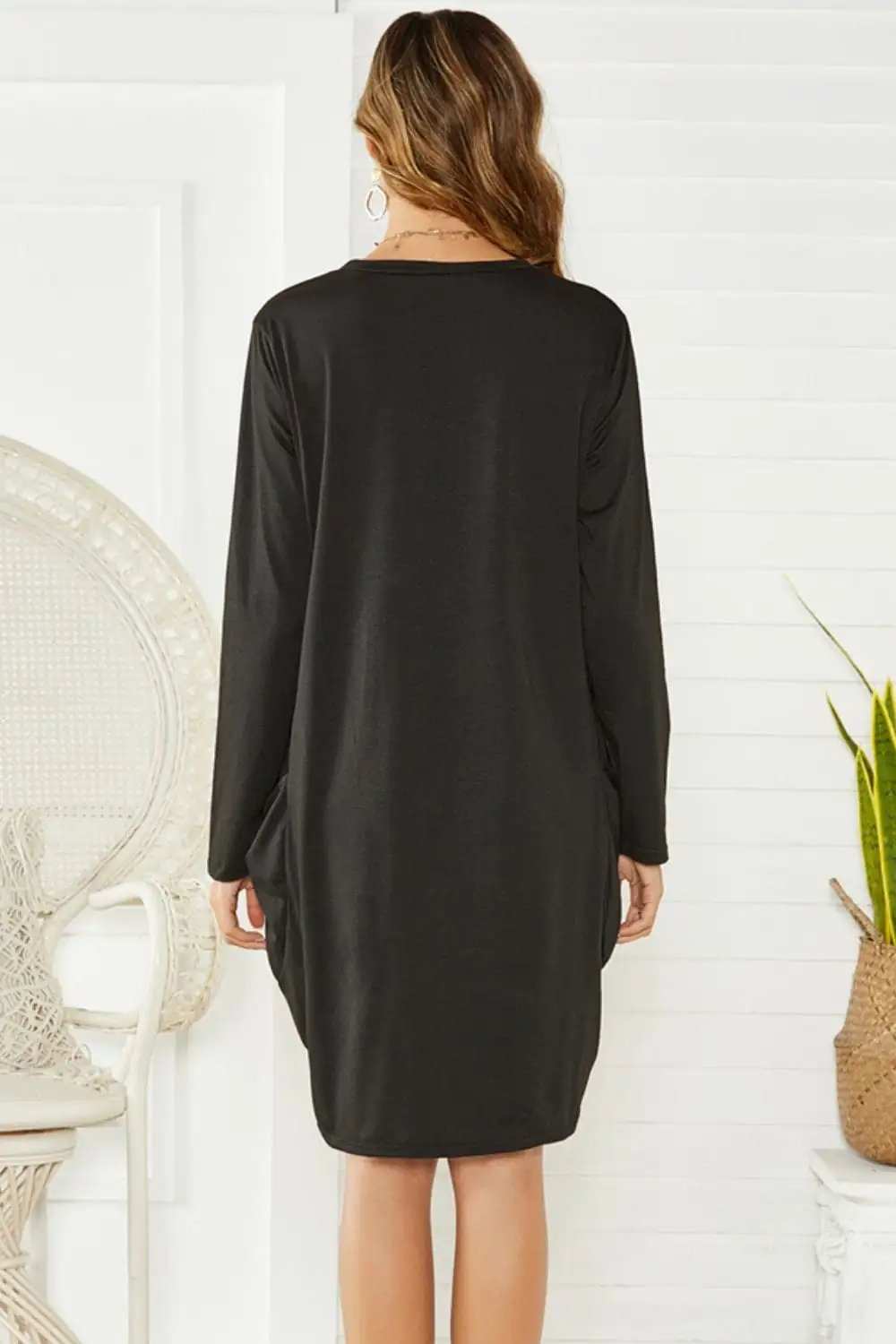 Pocketed Round Neck Long Sleeve Dress - Trendsi - Flyclothing LLC