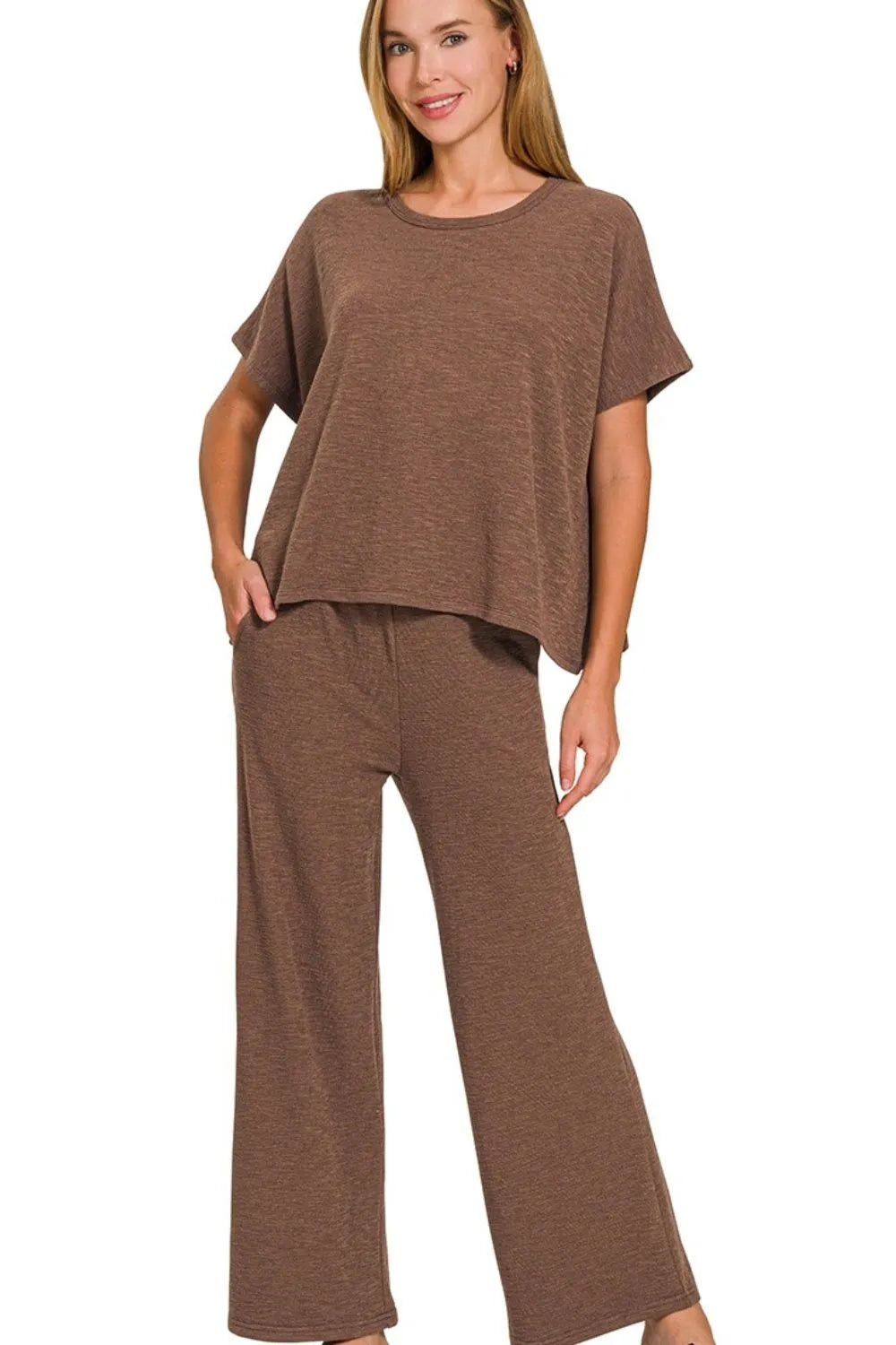 Zenana Cotton Slub Top & Pants Set - Trendsi