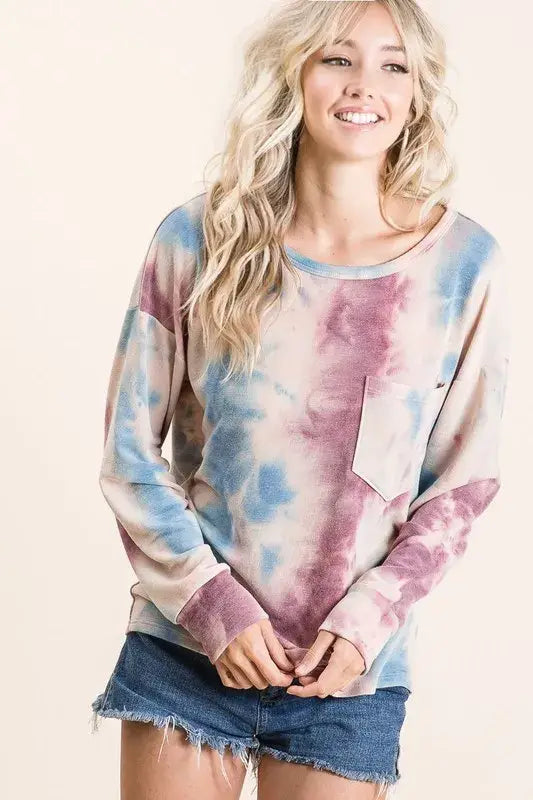 BiBi Tie Dye Print Terry Top With Front Patch Pocket - Trendsi - Flyclothing LLC