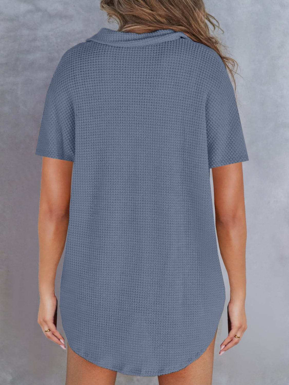 Waffle-Knit Short Sleeve Polo Shirt - Trendsi - Flyclothing LLC