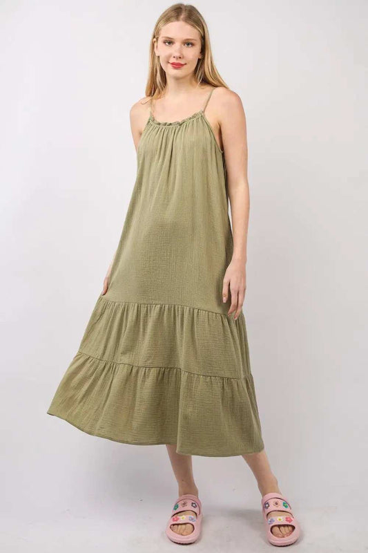 VERY J Ruffled A-Line Midi Cami Dress - Trendsi - Flyclothing LLC