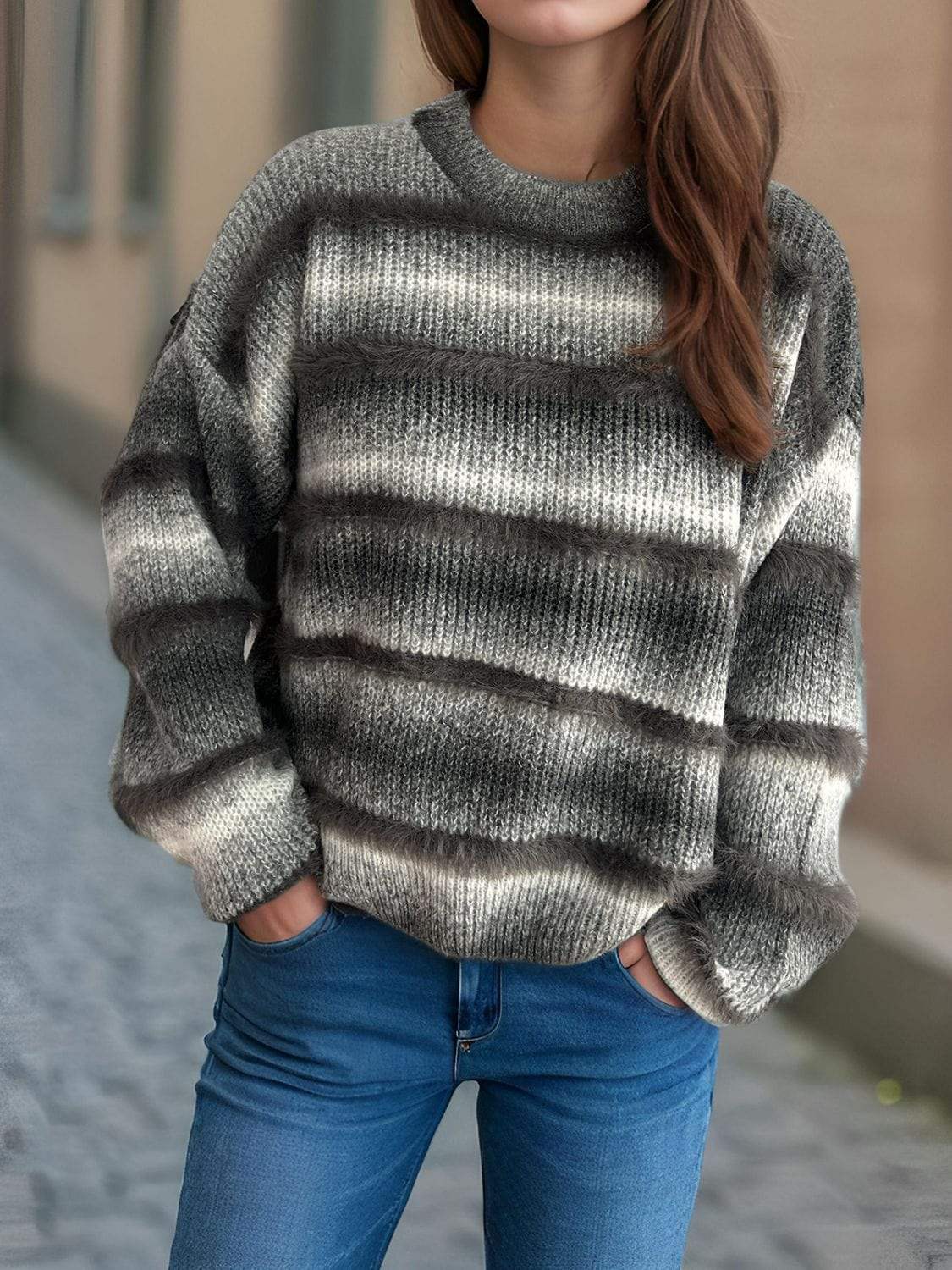 Gradient Round Neck Dropped Shoulder Sweater - Trendsi - Flyclothing LLC