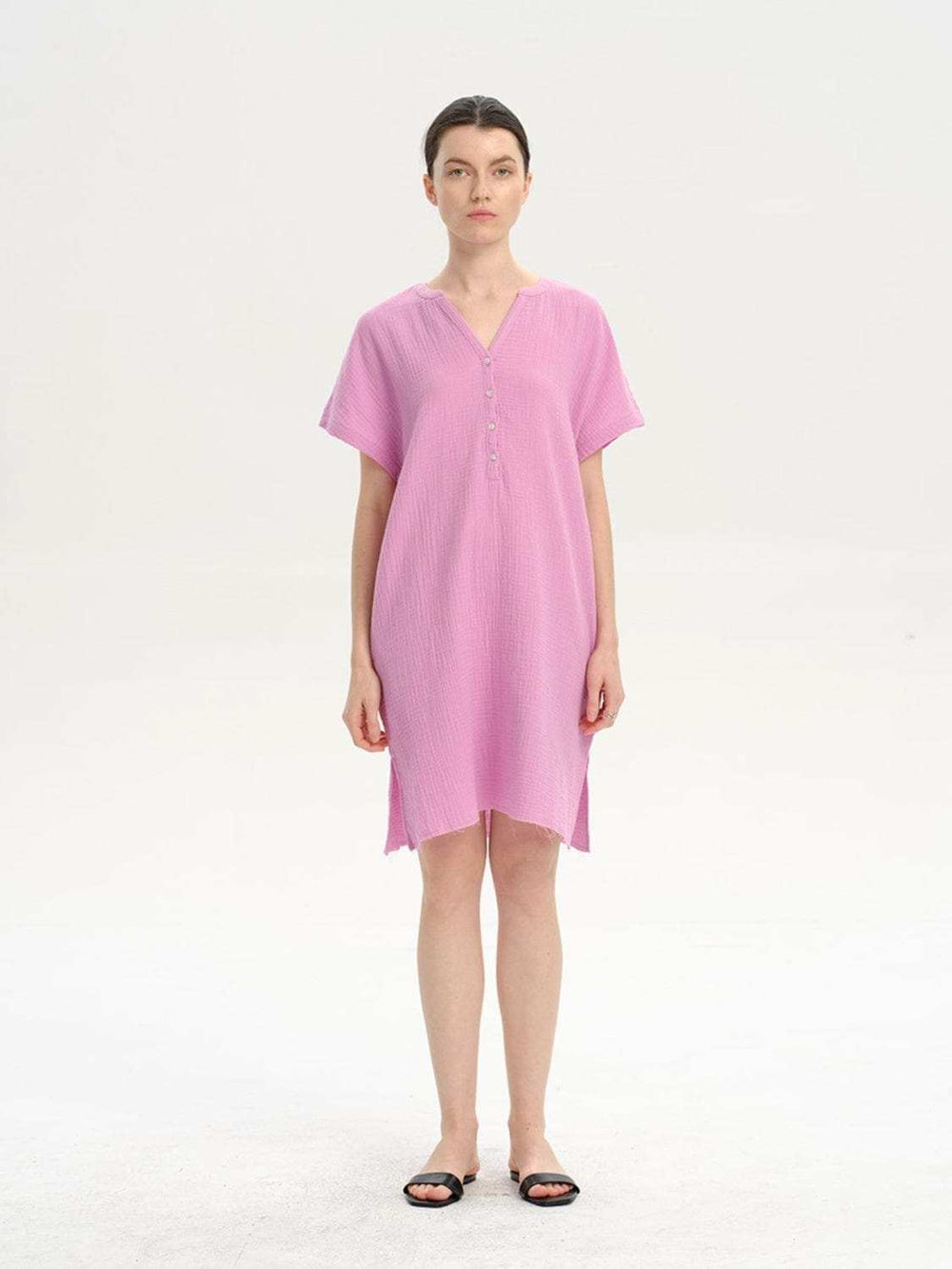 Slit Notched Short Sleeve Mini Dress - Trendsi - Flyclothing LLC