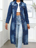 Distressed Button Up Collared Neck Denim Top - Trendsi