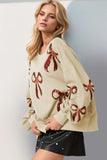 Double Take Christmas Bow Sequin Round Neck Dropped Shoulder Sweatshirt - Trendsi