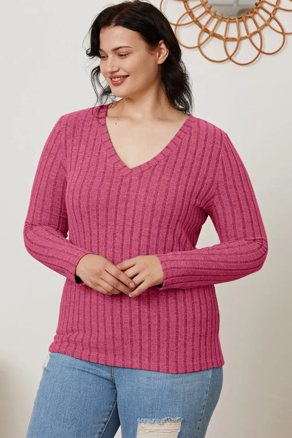 Basic Bae Full Size Ribbed V-Neck Long Sleeve T-Shirt - ShopBasicbae - Flyclothing LLC