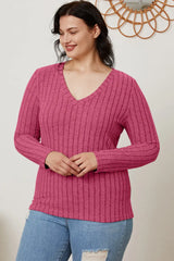 Basic Bae Full Size Ribbed V-Neck Long Sleeve T-Shirt - ShopBasicbae - Flyclothing LLC