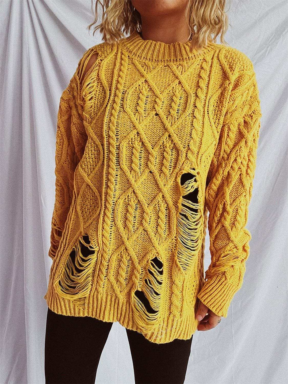 Distressed Cable-Knit Round Neck Long Sleeve Sweater - Trendsi - Flyclothing LLC
