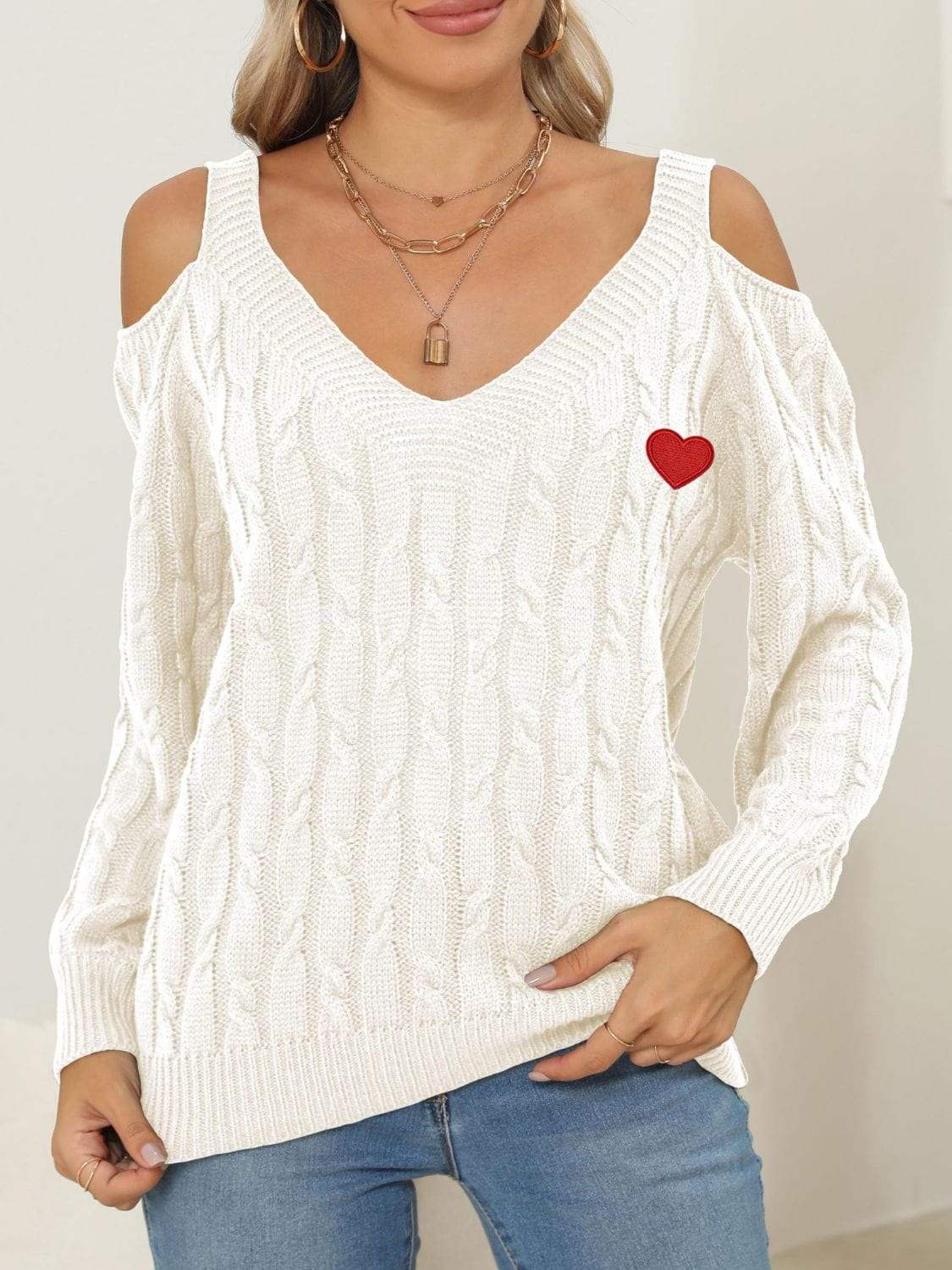 Cable-Knit Heart V-Neck Sweater - Trendsi - Flyclothing LLC