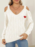 Cable-Knit Heart V-Neck Sweater - Trendsi - Flyclothing LLC
