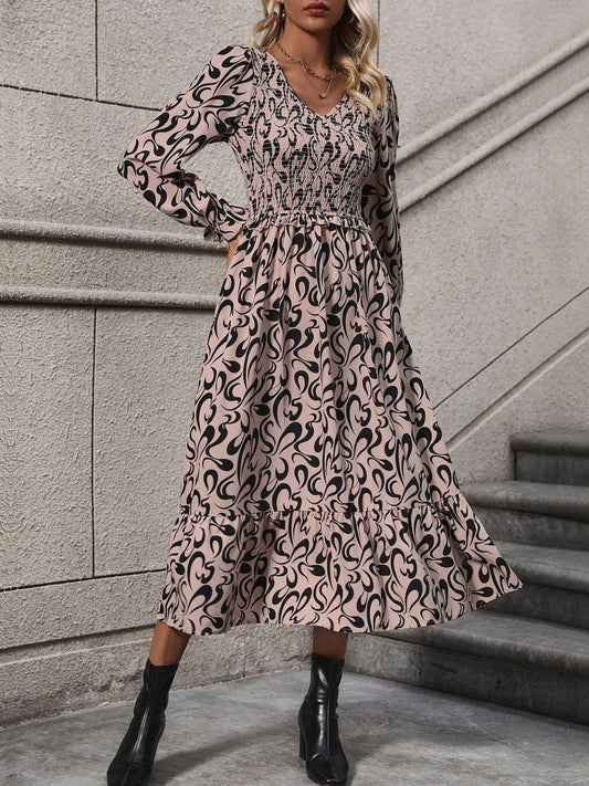 Printed V-Neck Long Sleeve Midi Dress - Trendsi